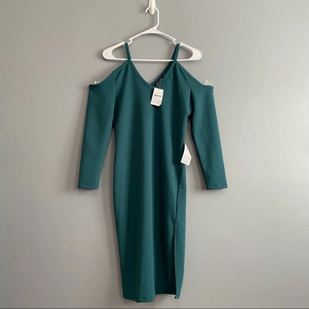 Max+Ash Cold Shoulder Long sleeves Sheath Dress with Slit In Emerald Green Sz M